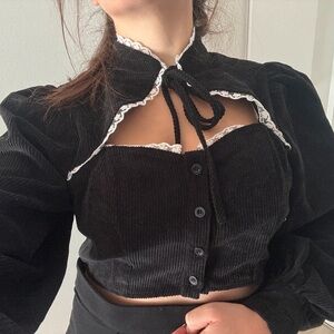 Black and White Crop Blouse with Tie Front and Mandarin Collar